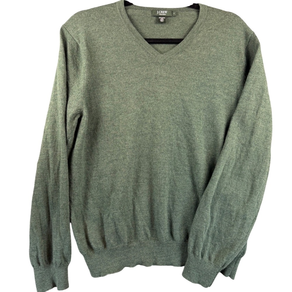 J.Crew Mens Italian Merino Wool V-Neck Sweater Green Large Pullover